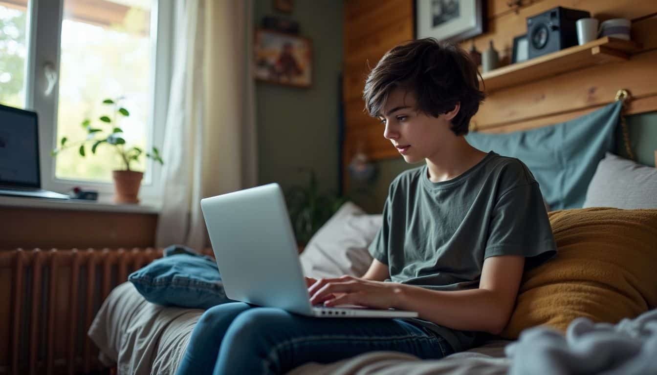 A teenager sits in a cluttered bedroom, playing a browser-based game.