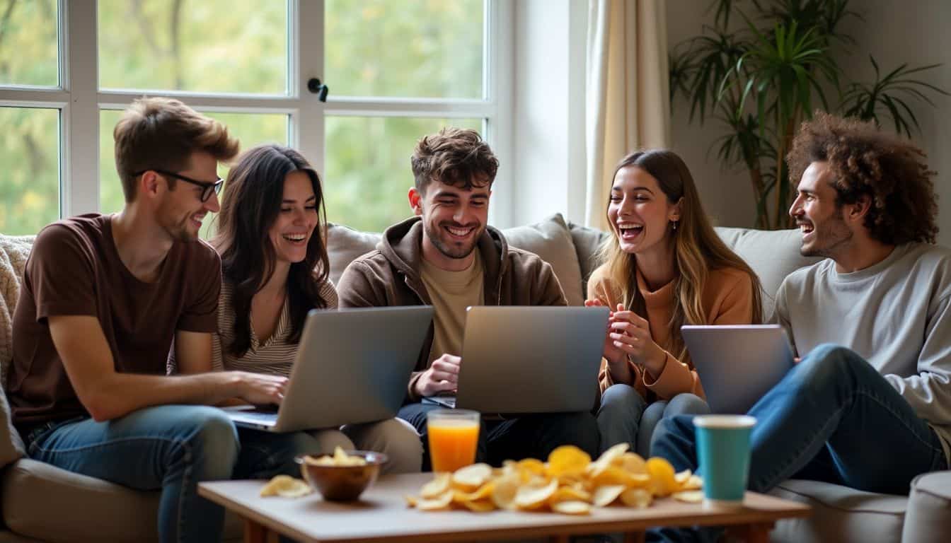 Five friends in their 20s enjoying a virtual card game in a cozy living room.