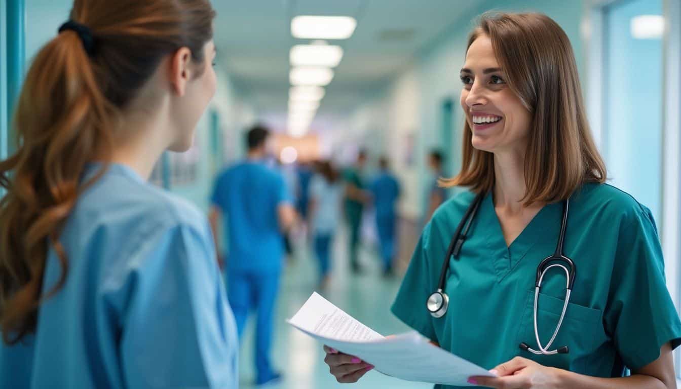 A nurse practitioner consults with a patient in a busy hospital.