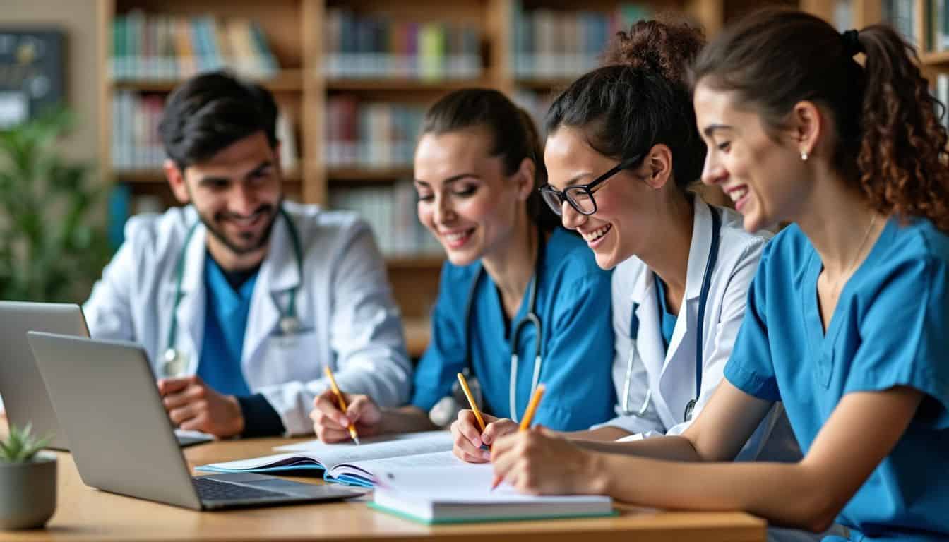 Graduate nursing students studying together in a busy library environment.