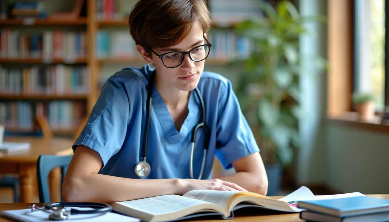 A focused student is studying nursing in a bright, natural-light library.