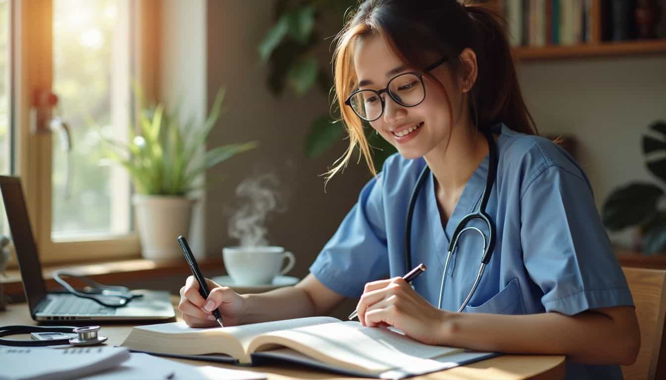 A nurse practitioner studying in a cozy home office environment.