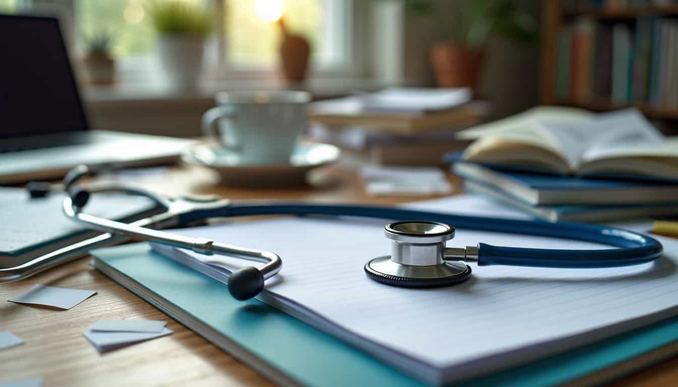 A study desk with stethoscope, medical books, laptop for nursing studies.