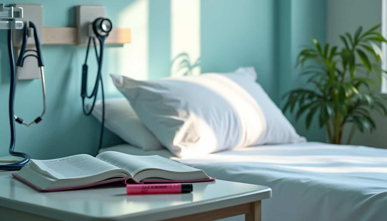 An empty hospital room with a neatly made bed and stethoscope.