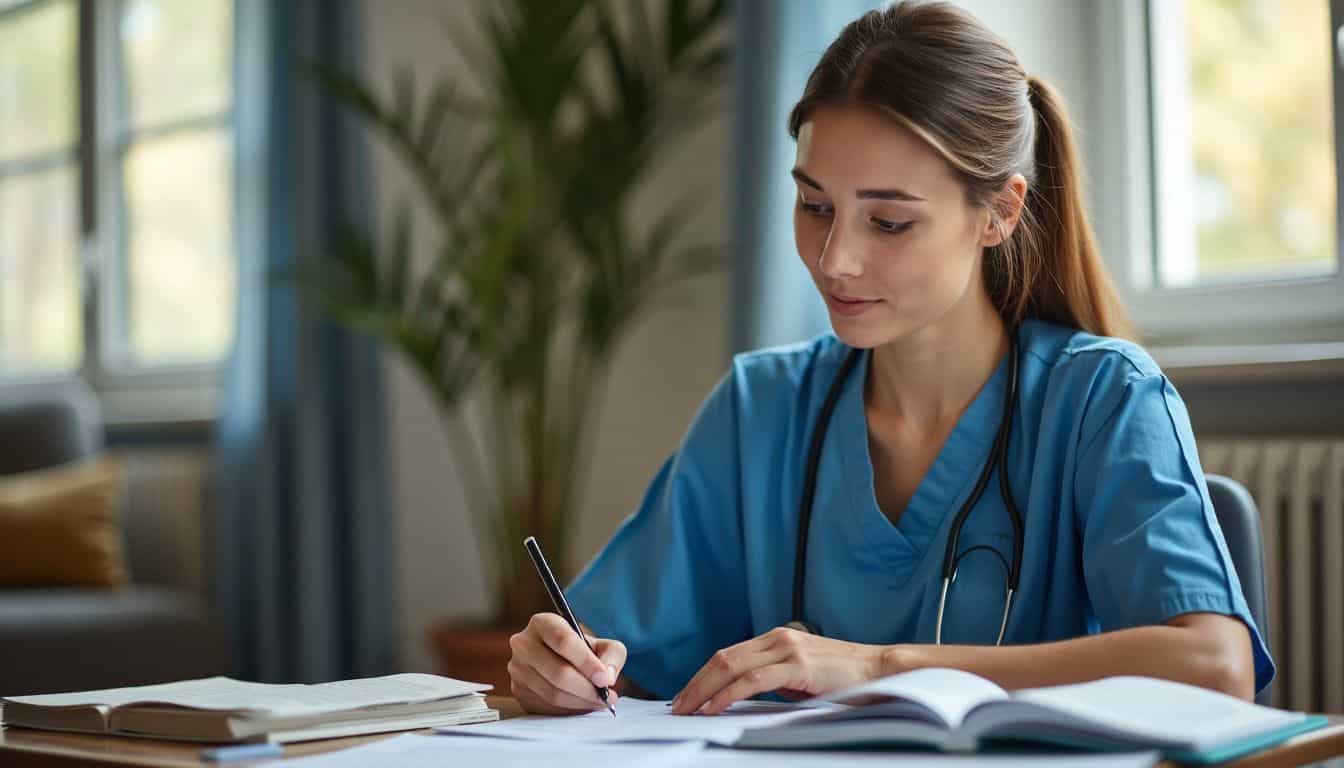 A nurse practitioner studying with focus and dedication in a cozy room.