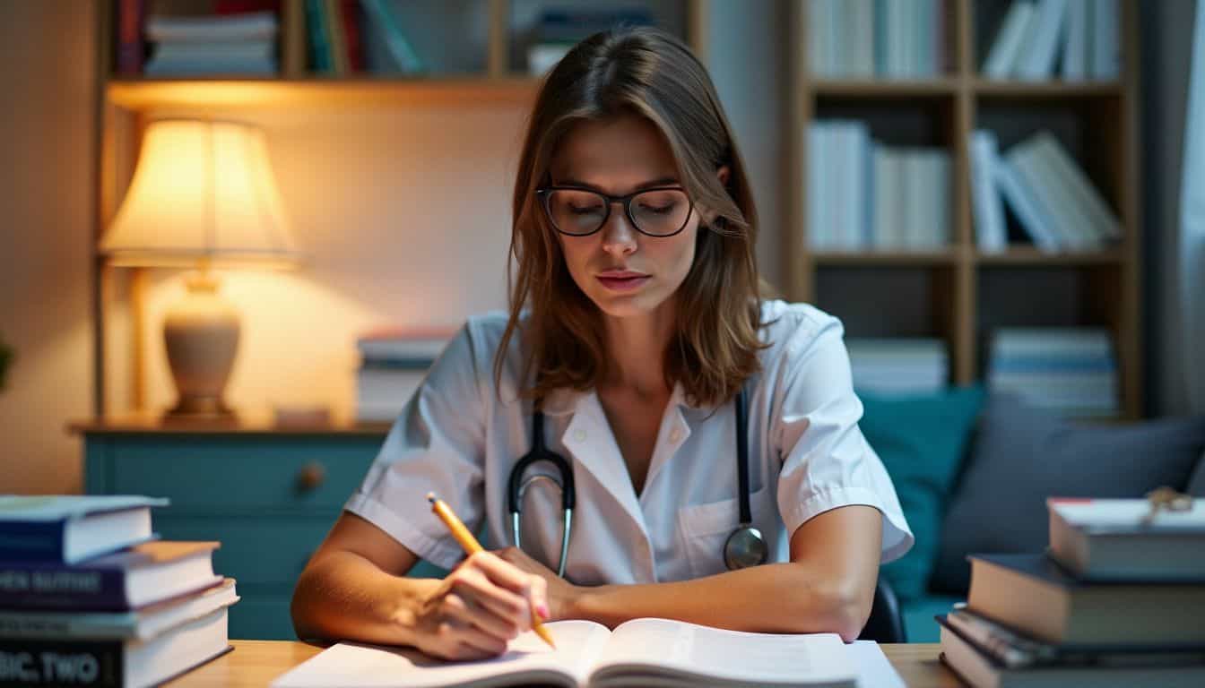 Dedicated nurse candidate studying for NCLEX exam surrounded by books.