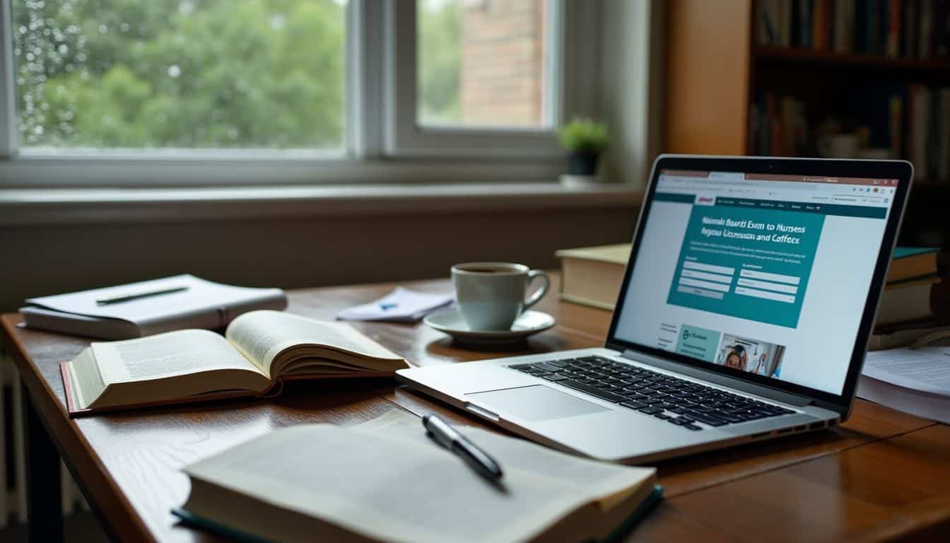 A study desk with textbooks, laptop, and coffee in a cozy room.