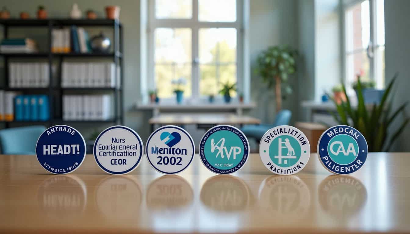 A collection of nurse practitioner specialization certification badges arranged on a desk.