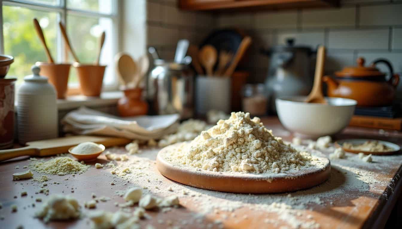 Cluttered kitchen counter with spilled ingredients and scattered utensils.