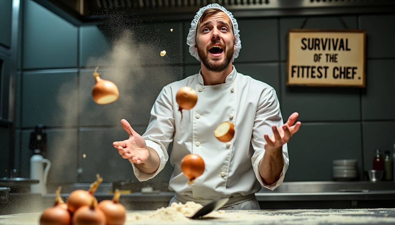 A young commis chef playfully juggles onions in a chaotic kitchen.