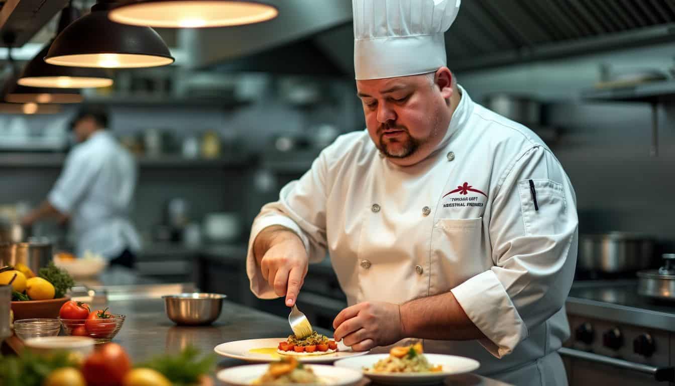 A confident chef preparing gourmet dish in a busy kitchen.