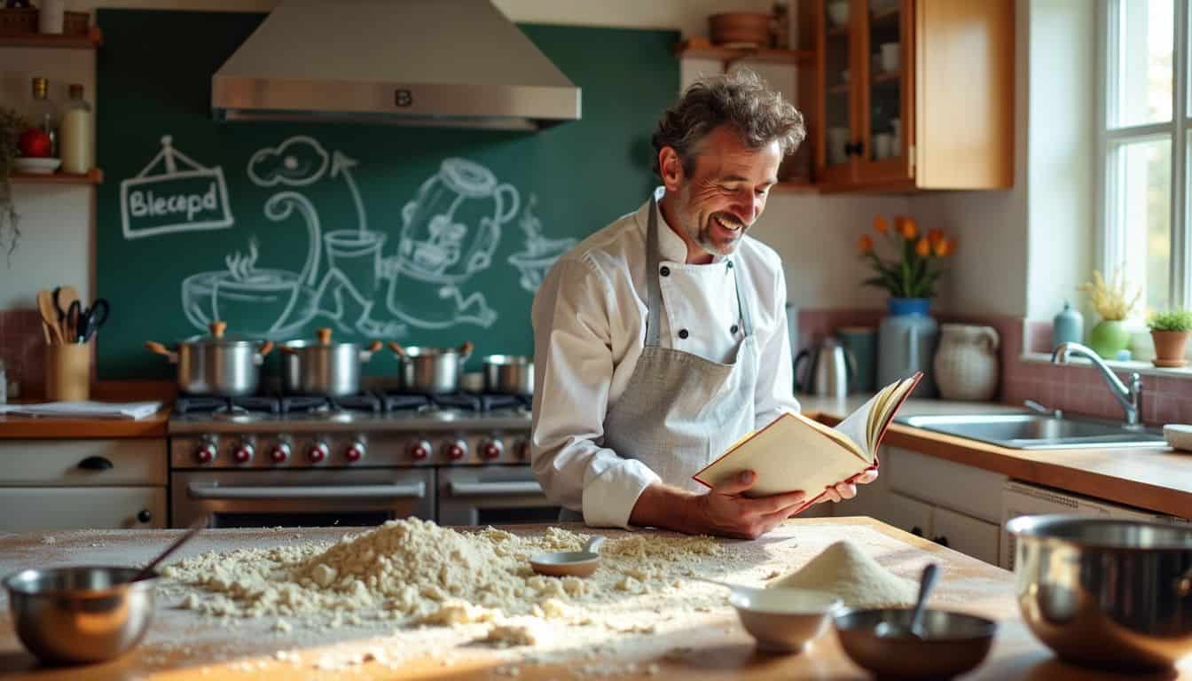 A chef in a bustling kitchen prepares a meal amidst flour and pots.