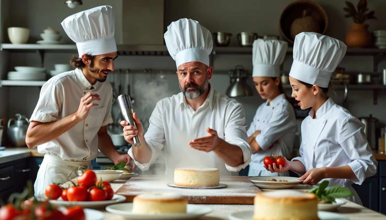 Culinary school students with oversized chef hats having fun in the kitchen.