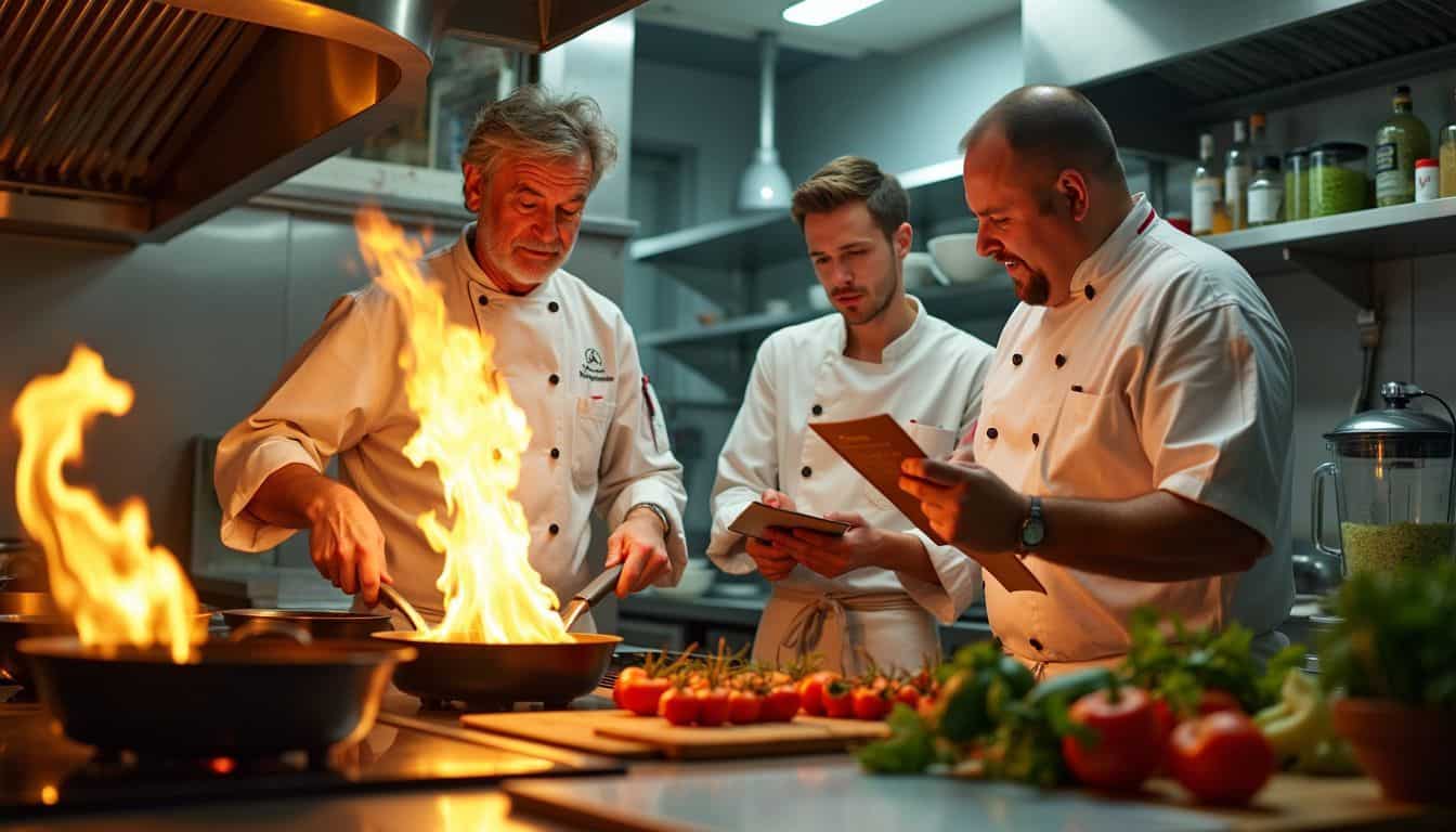 A busy kitchen with a chef, sous-chef, and confused customer.