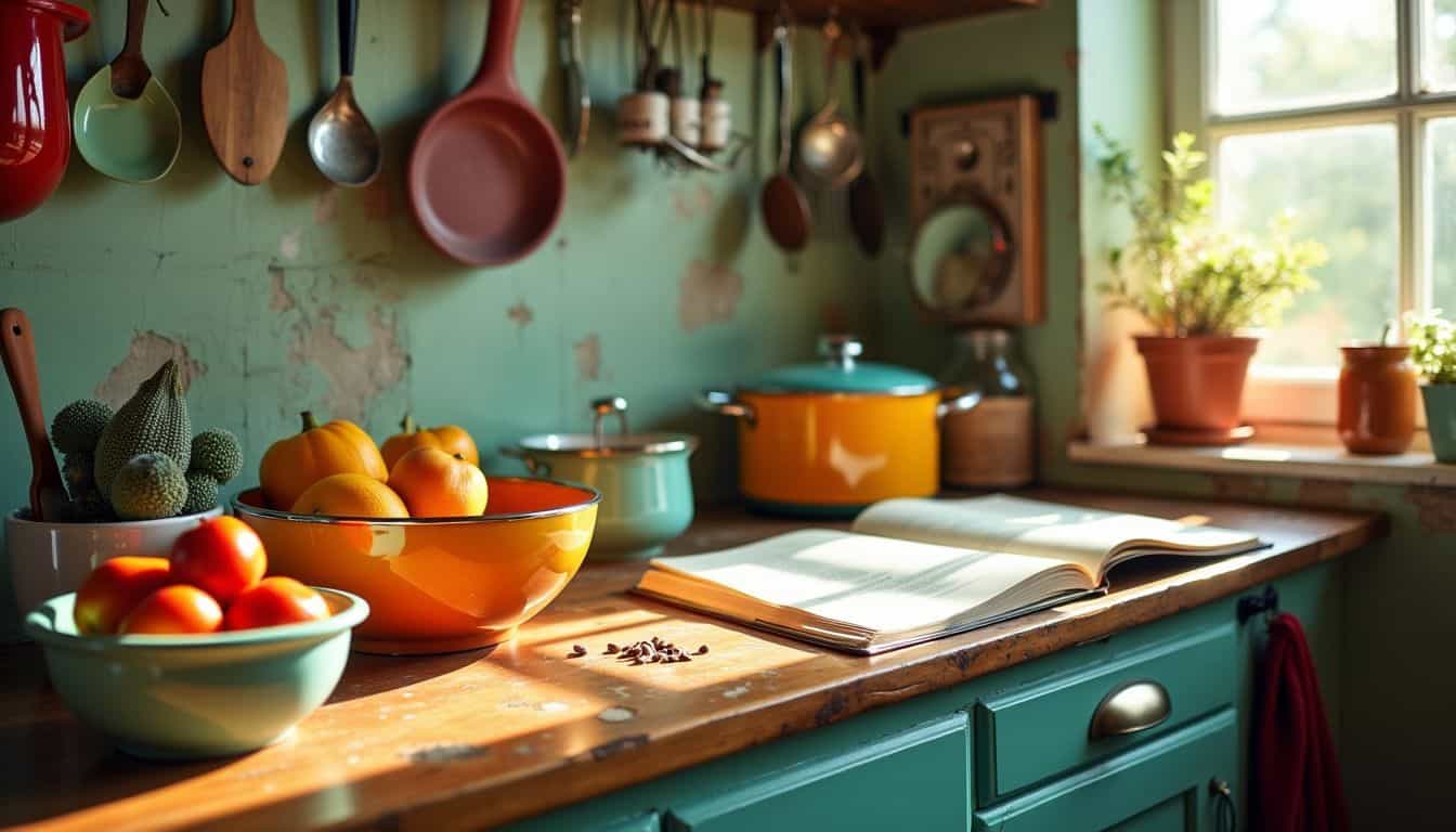 A cozy kitchen filled with vintage appliances and colorful cooking tools.