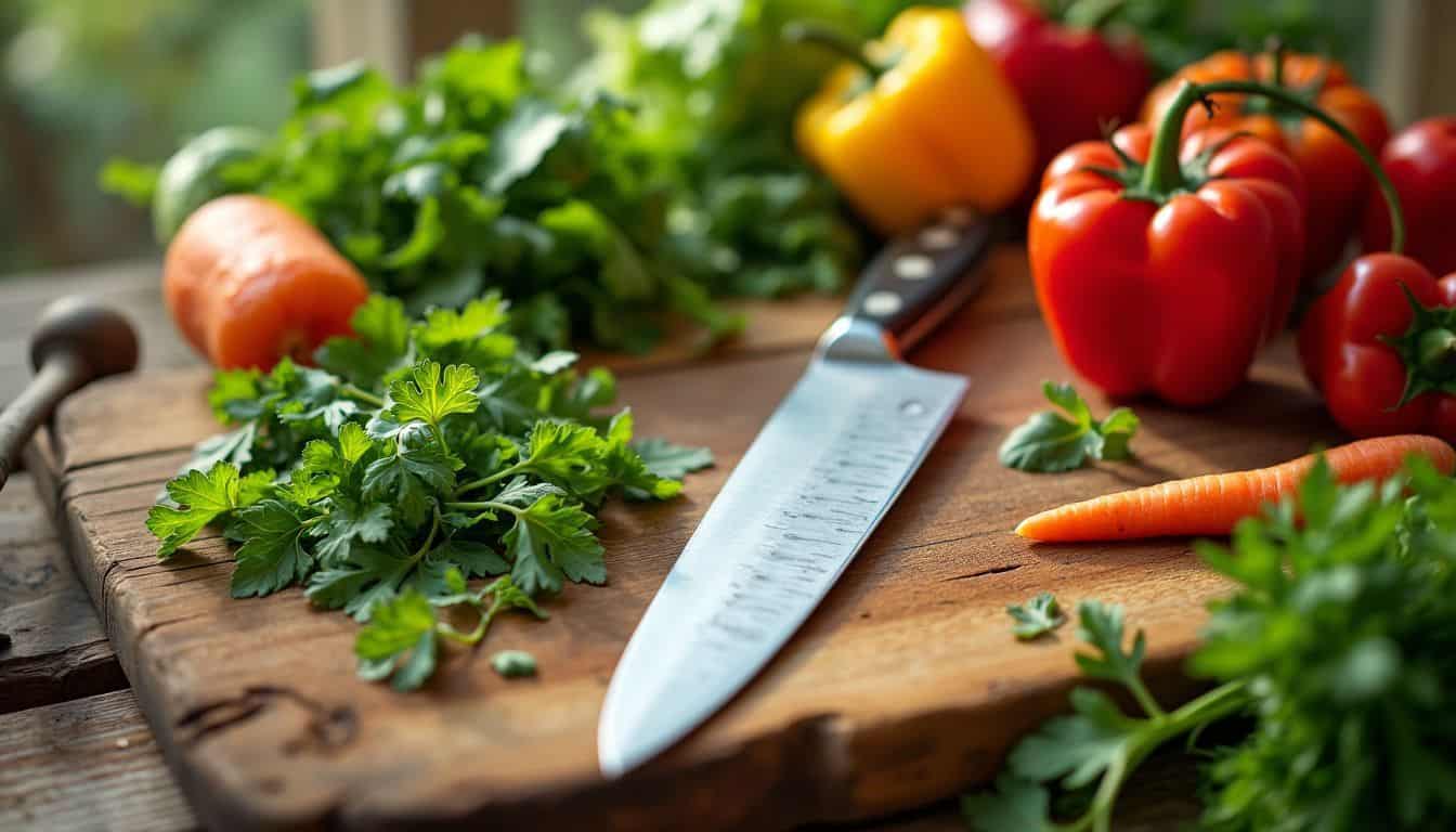 A chef's knife and fresh ingredients playfully arranged for salad making.