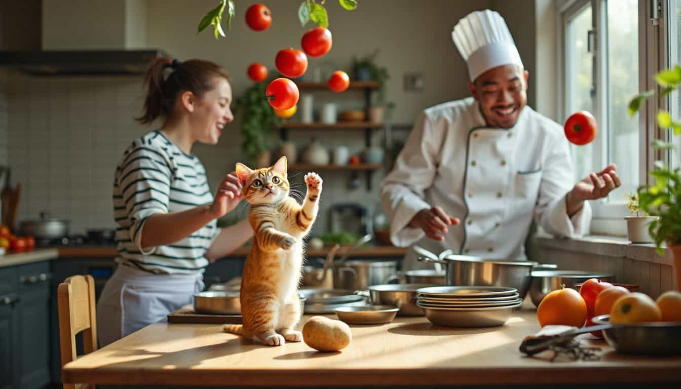 A student cooks energetically in a chaotic kitchen classroom with a cat.