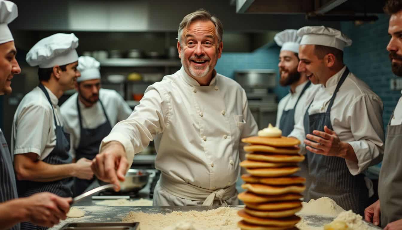 A passionate middle-aged chef leading his team in a busy kitchen.