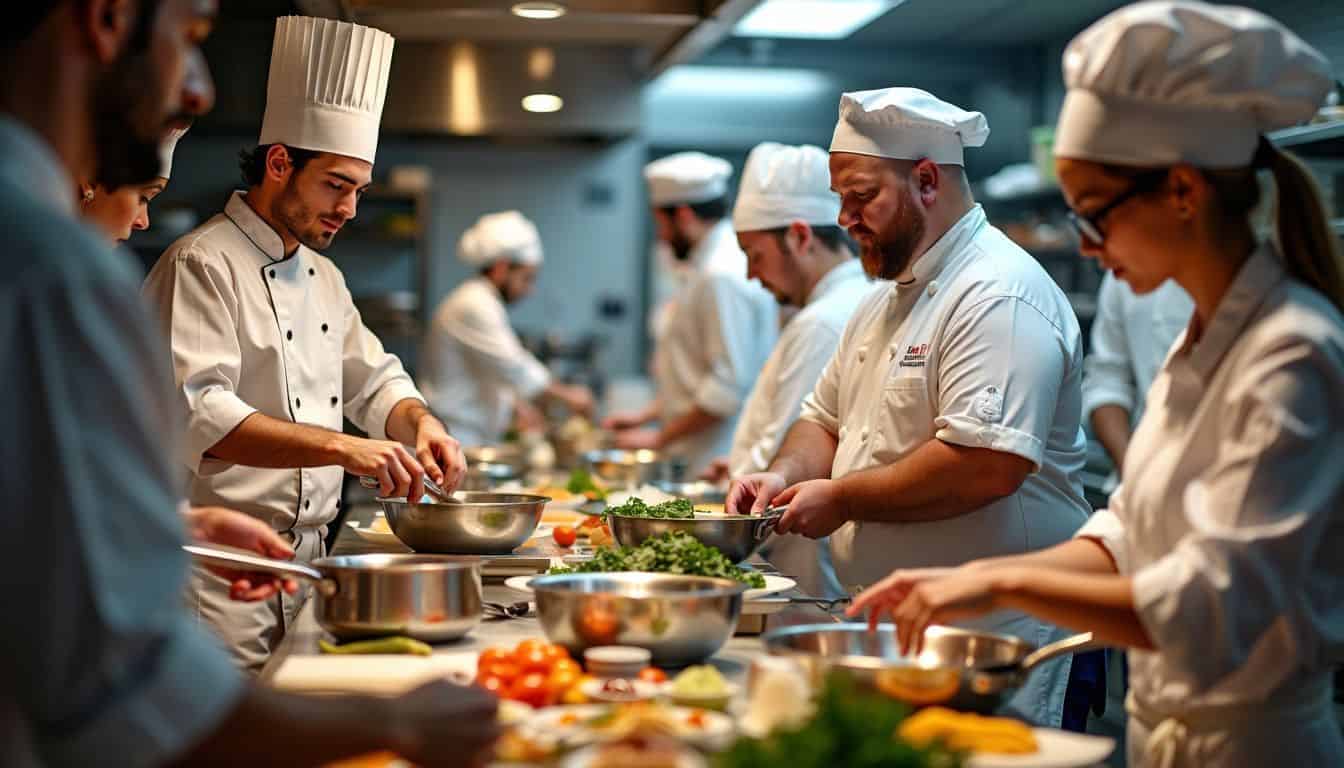 A busy kitchen with chefs working together to create dishes.