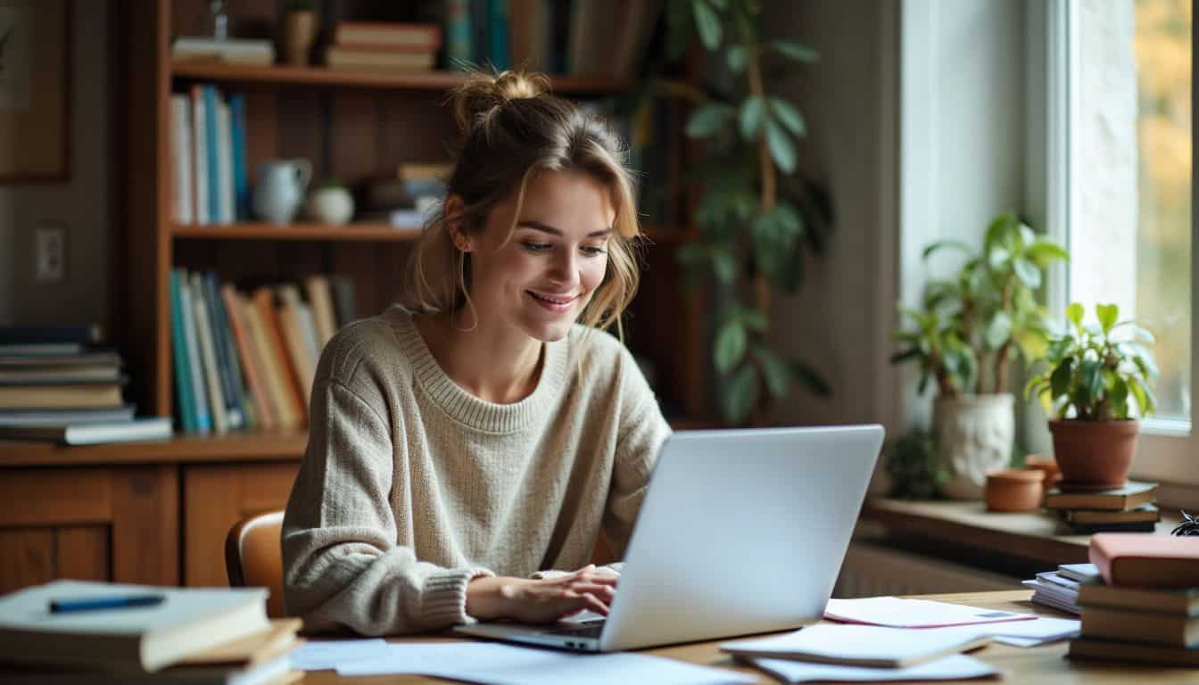 A woman in her 30s sits at a desk writing an essay on empowerment.