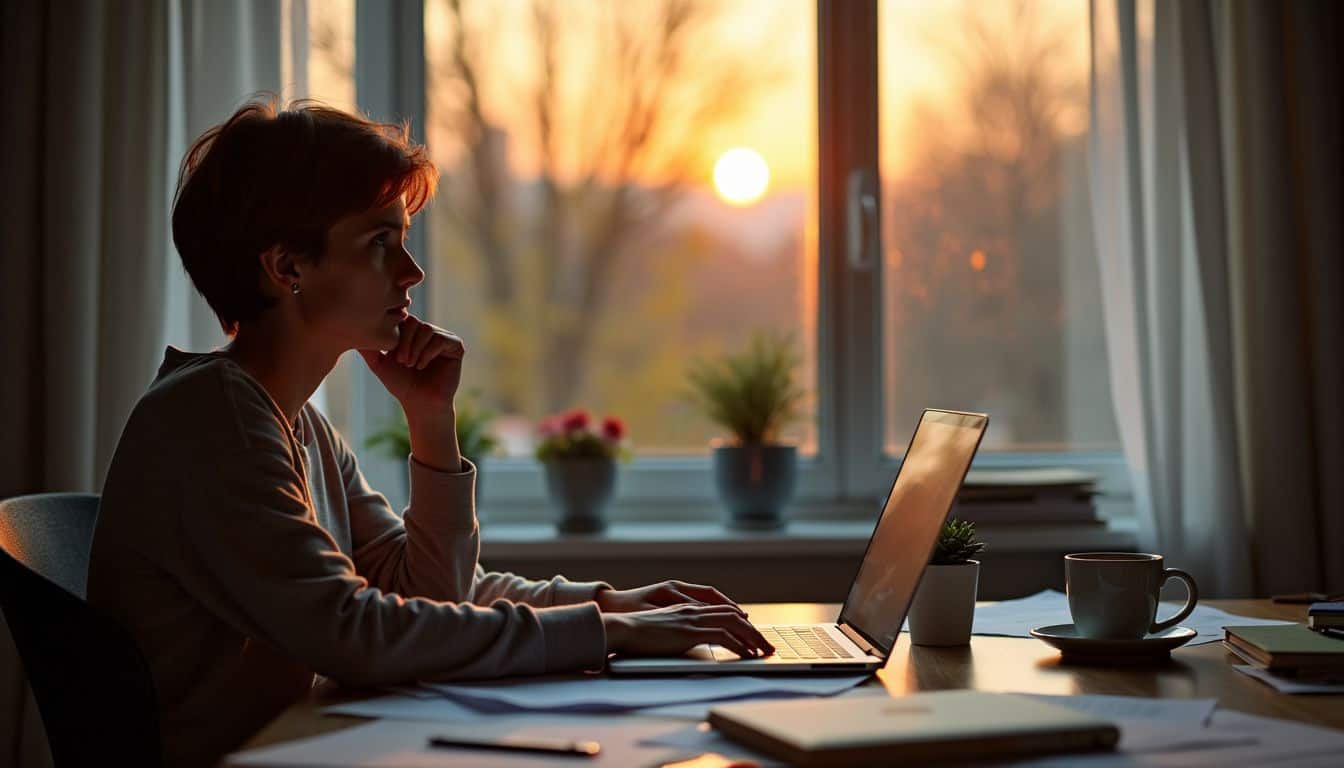 A person sitting at a desk with a closed laptop and papers, gazing out of the window in a thoughtful manner.