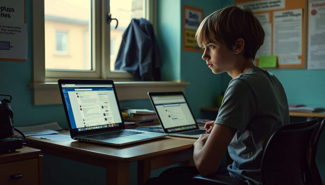 A teenager facing cyberbullying on social media in a cluttered room.