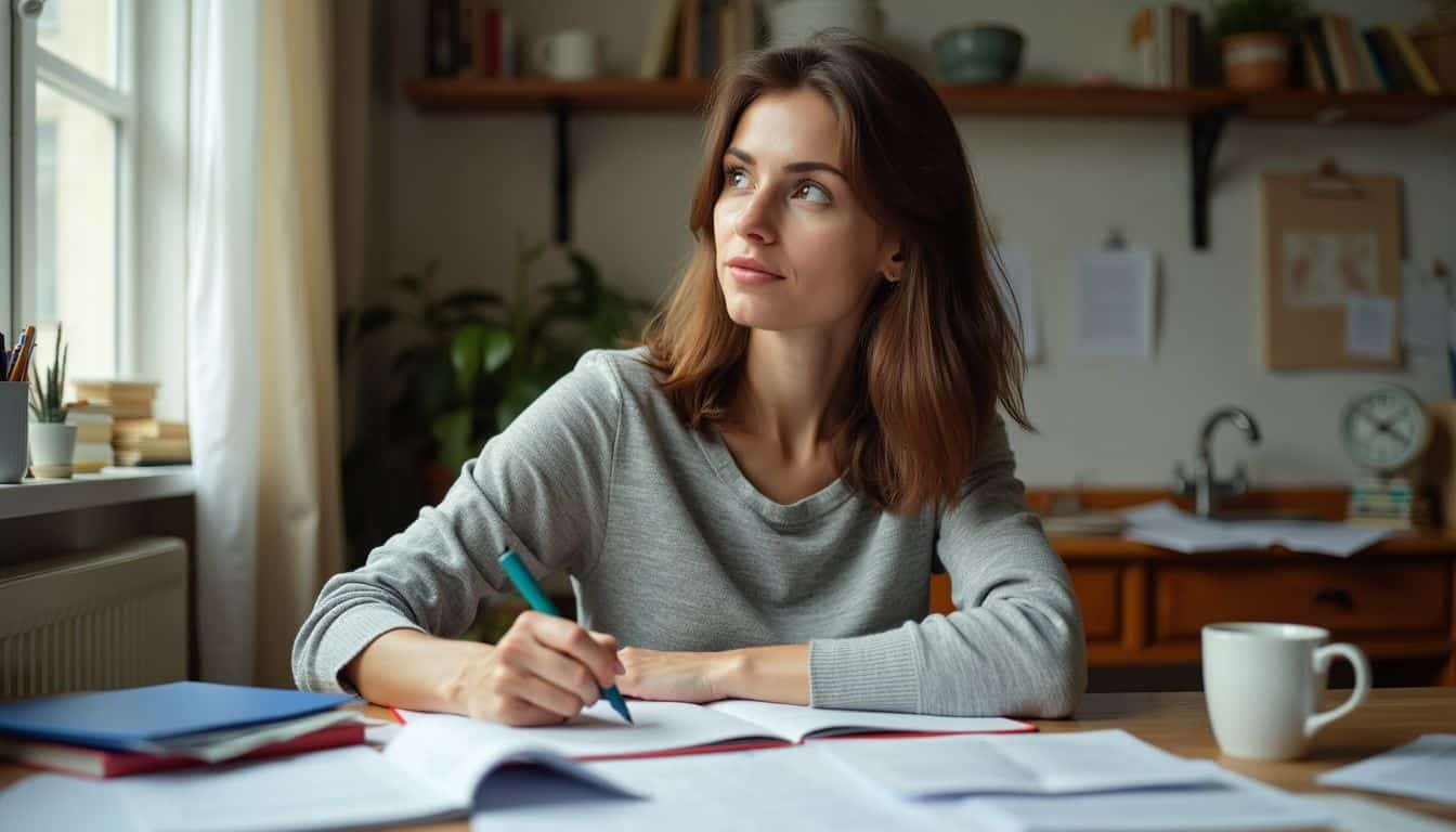 A woman writes at a cluttered desk, focused and engaged.