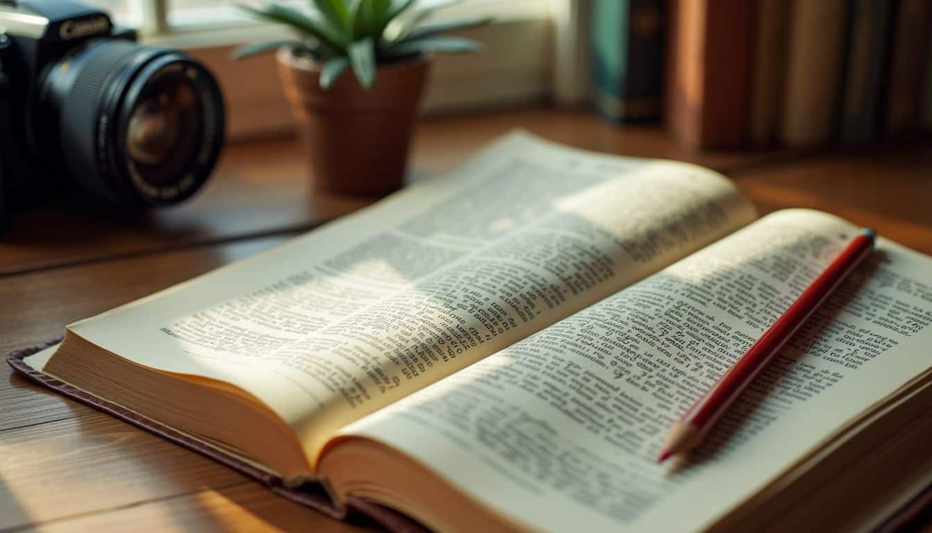 An open dictionary on a wooden desk with vintage decor.