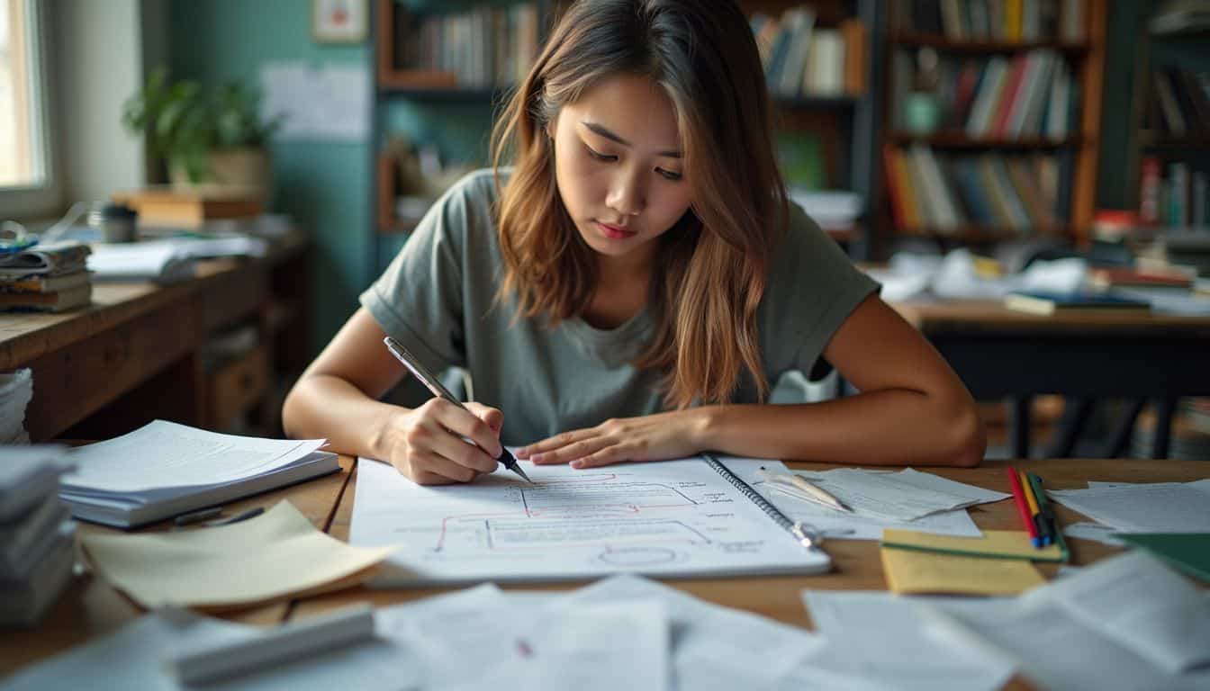 A focused student plans an essay at a cluttered desk.