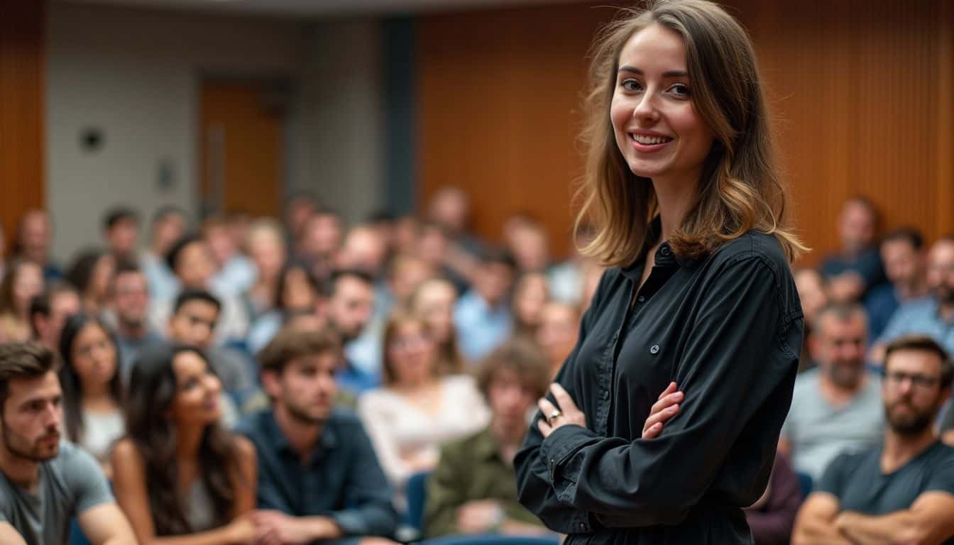 A young woman confidently presents to a diverse audience in a lecture hall.