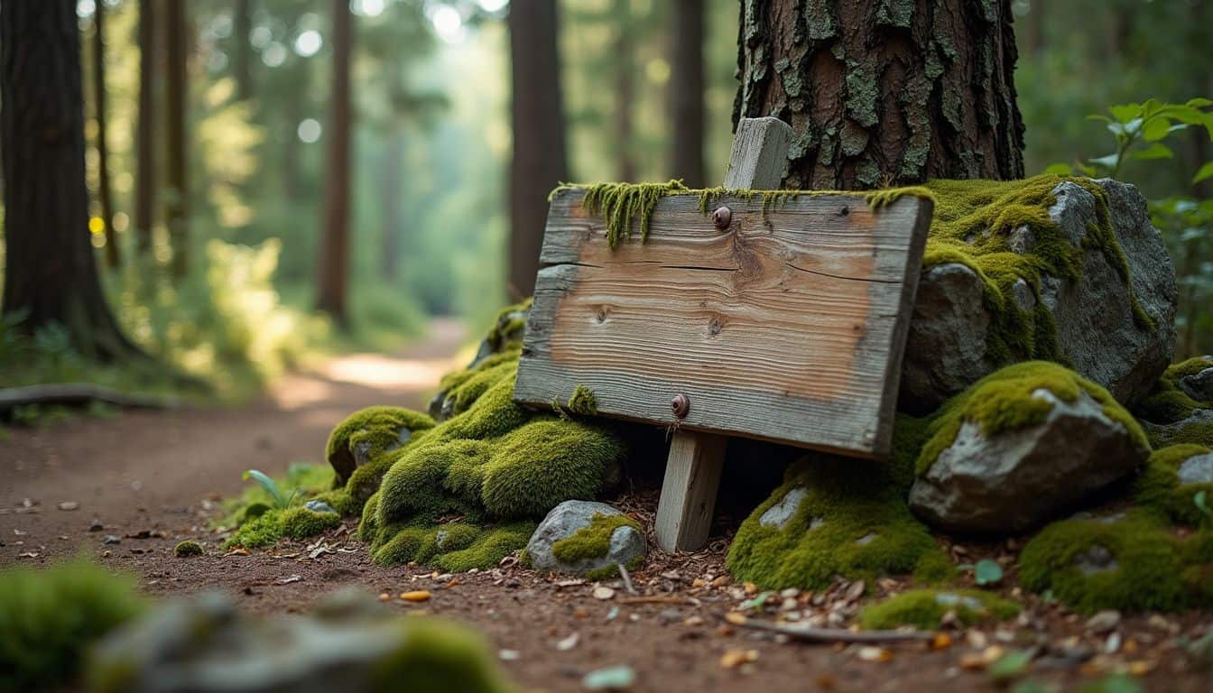 A weathered wooden sign leans against a moss-covered rock in a forest clearing.