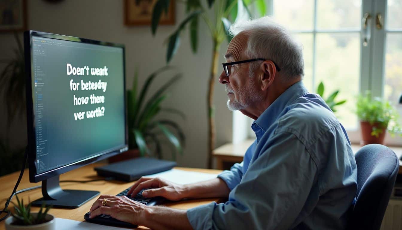 Elderly man sitting at desk, focused on thought-provoking question on computer.