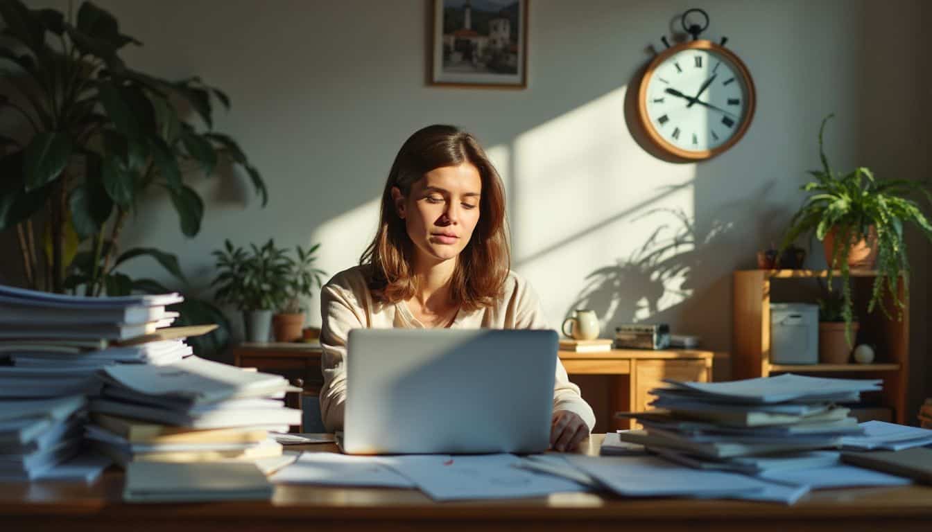 A person working at a cluttered home office desk, focused on time.