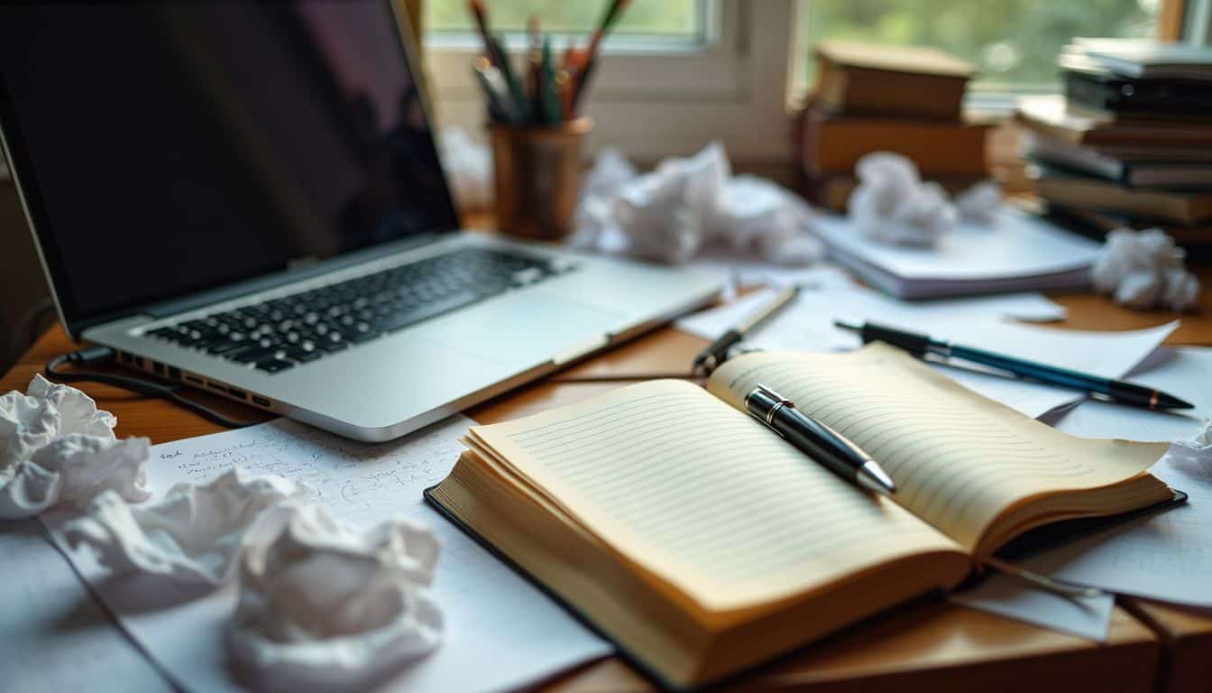 A cluttered desk with open notebooks, scattered pens, and a laptop.