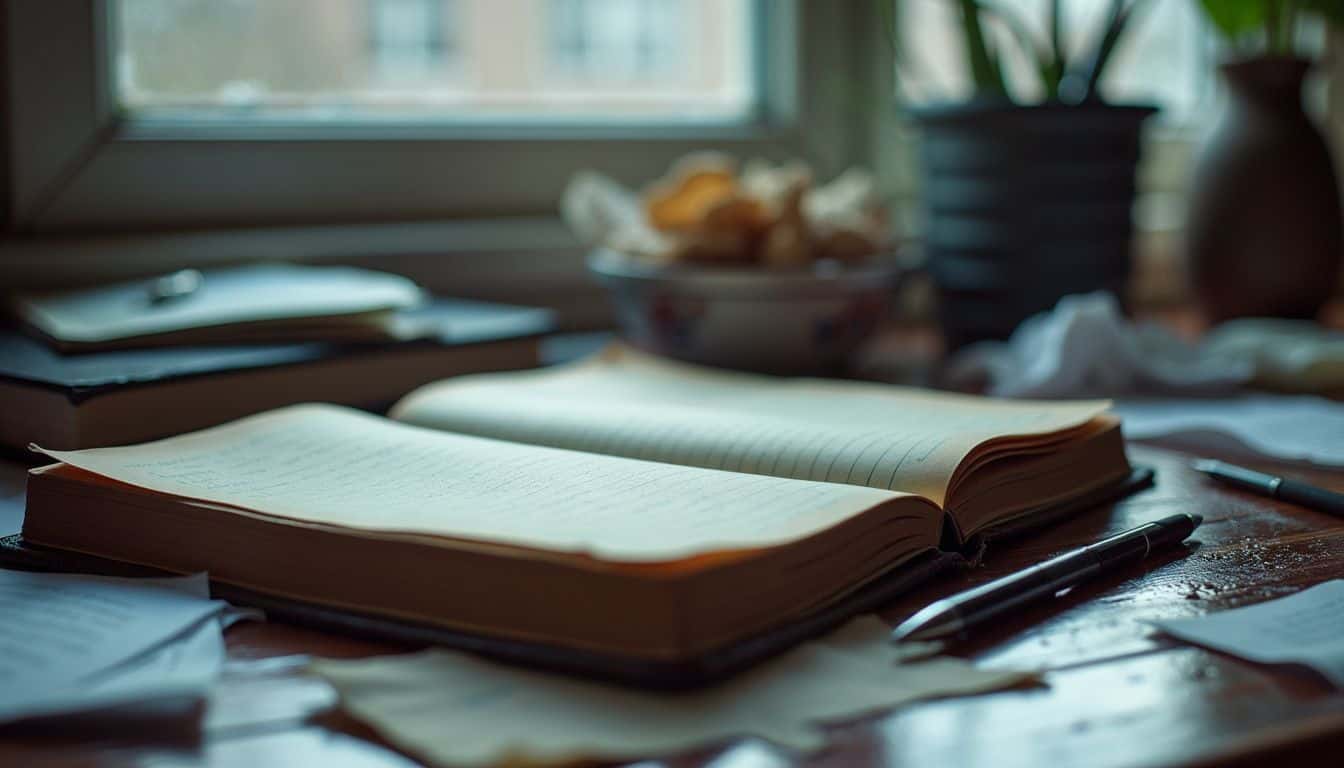 An open, worn notebook on a cluttered desk with scattered pens and papers.