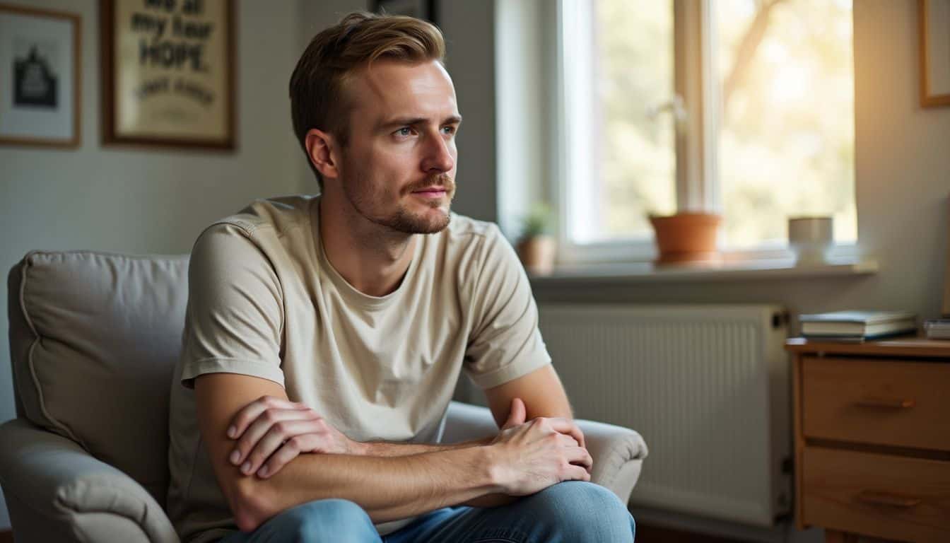 A man in his 30s sits in a room with inspirational decor.