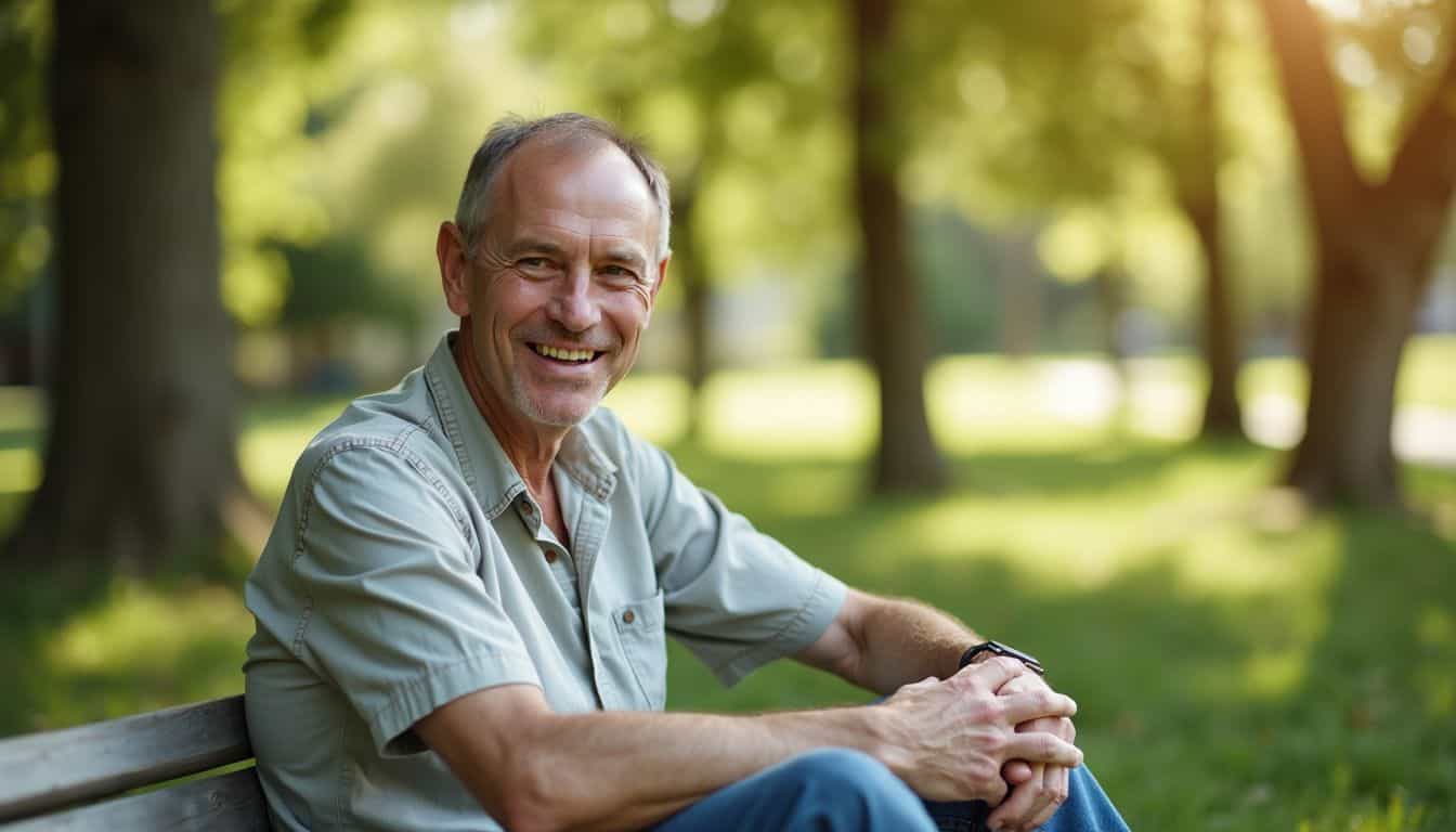 A middle-aged man in casual clothing sits outdoors in a park, engaged in a conversation with a loved one.