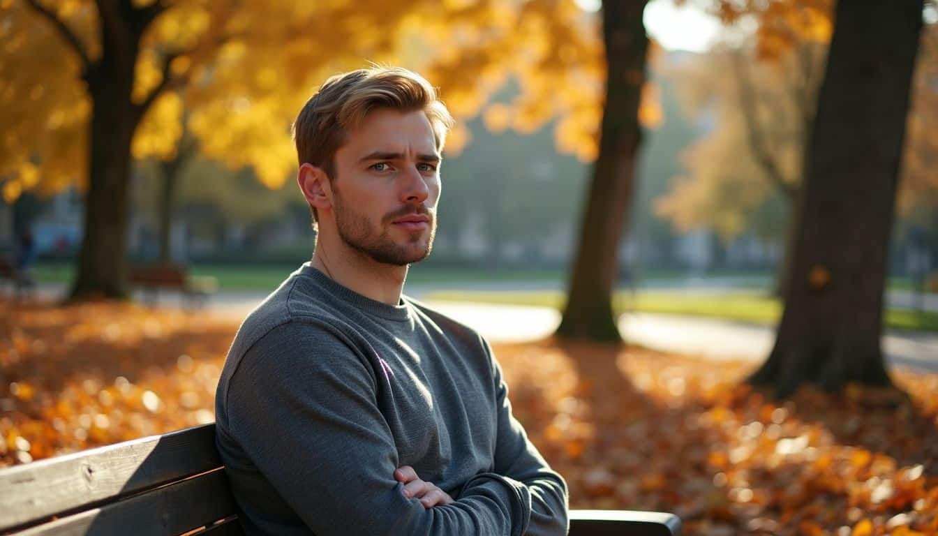 A man sitting on a bench in a park during autumn.