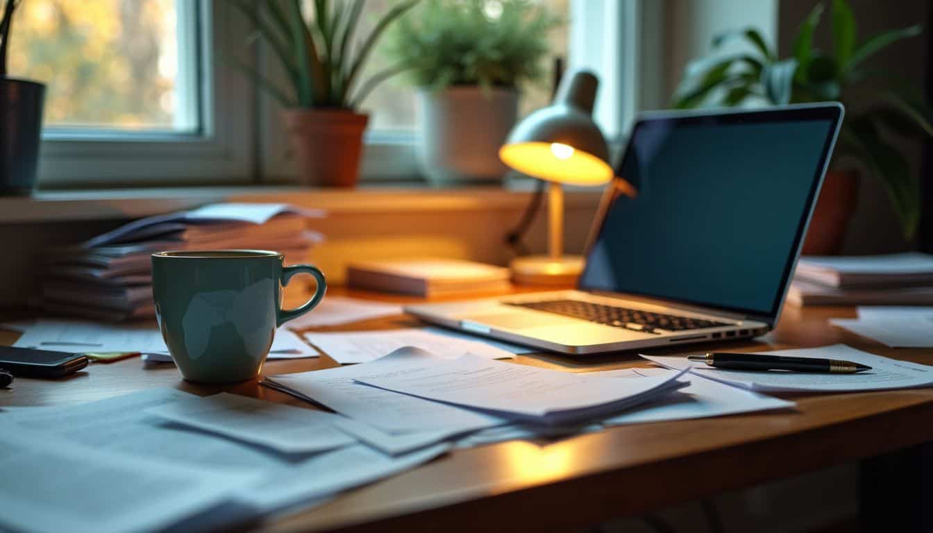 A cluttered desk with scattered papers, a laptop, and a cup of coffee.