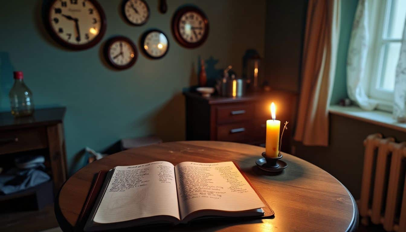 Several clocks on a wall show different times in a dimly lit room.