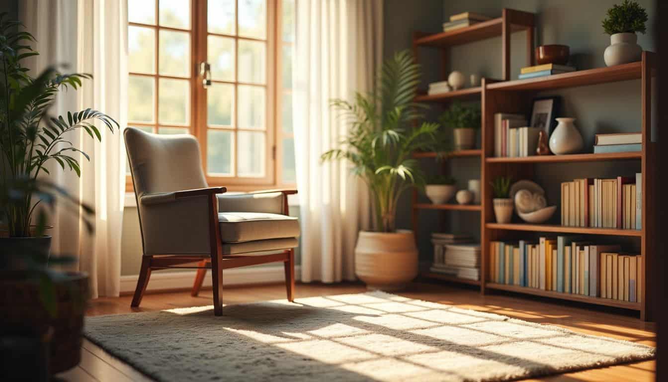 A peaceful therapy room with an empty chair and self-help books.