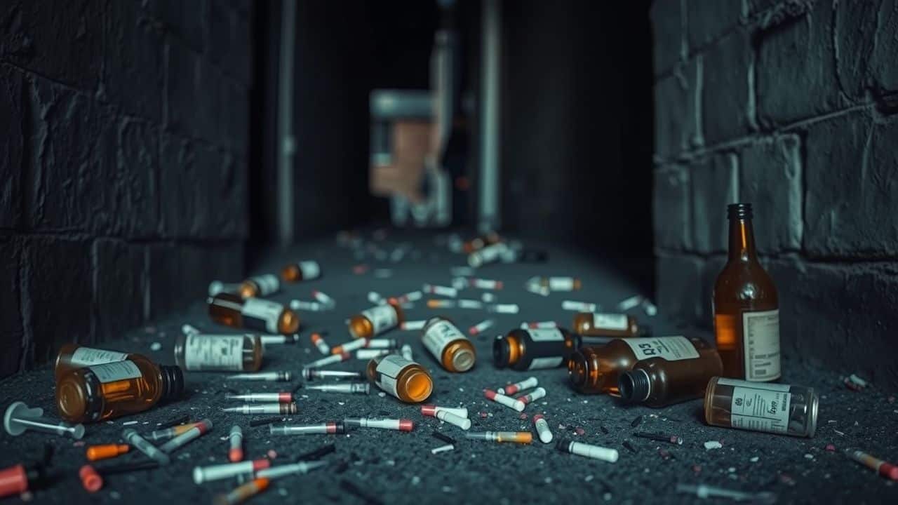 A dark alleyway filled with discarded drug paraphernalia and alcohol bottles.