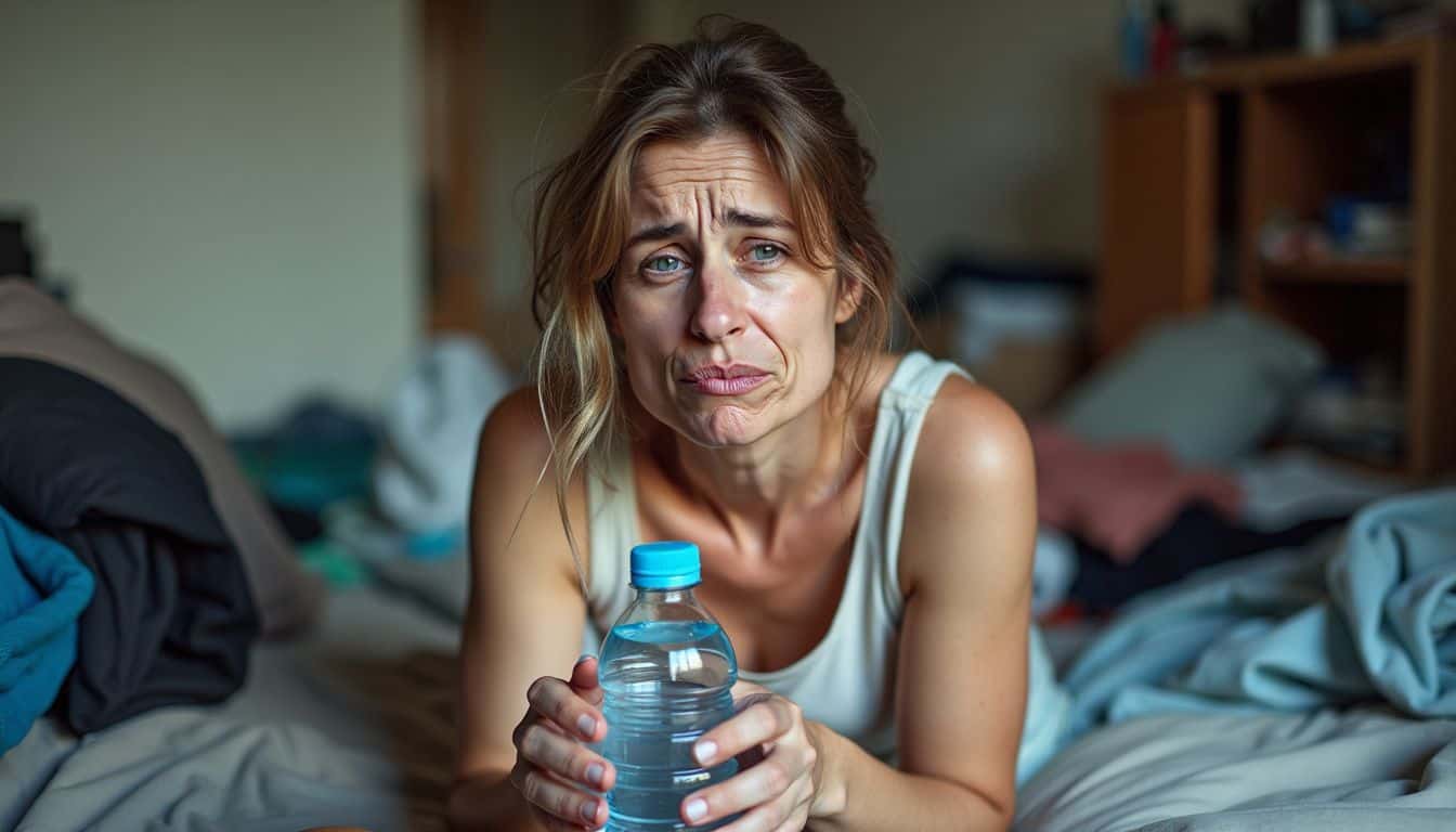 A tired woman on a messy bed holding a water bottle.