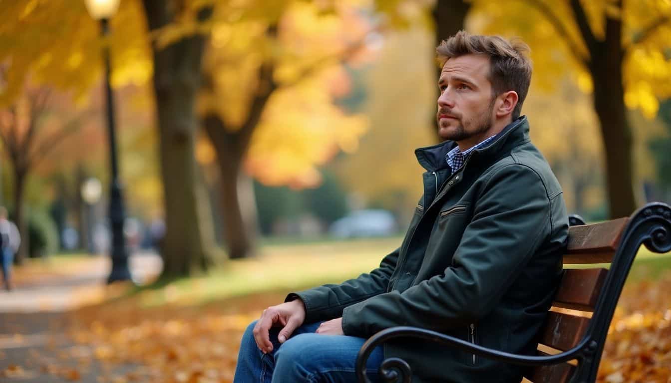 A man in his mid-30s sitting on a park bench in autumn.