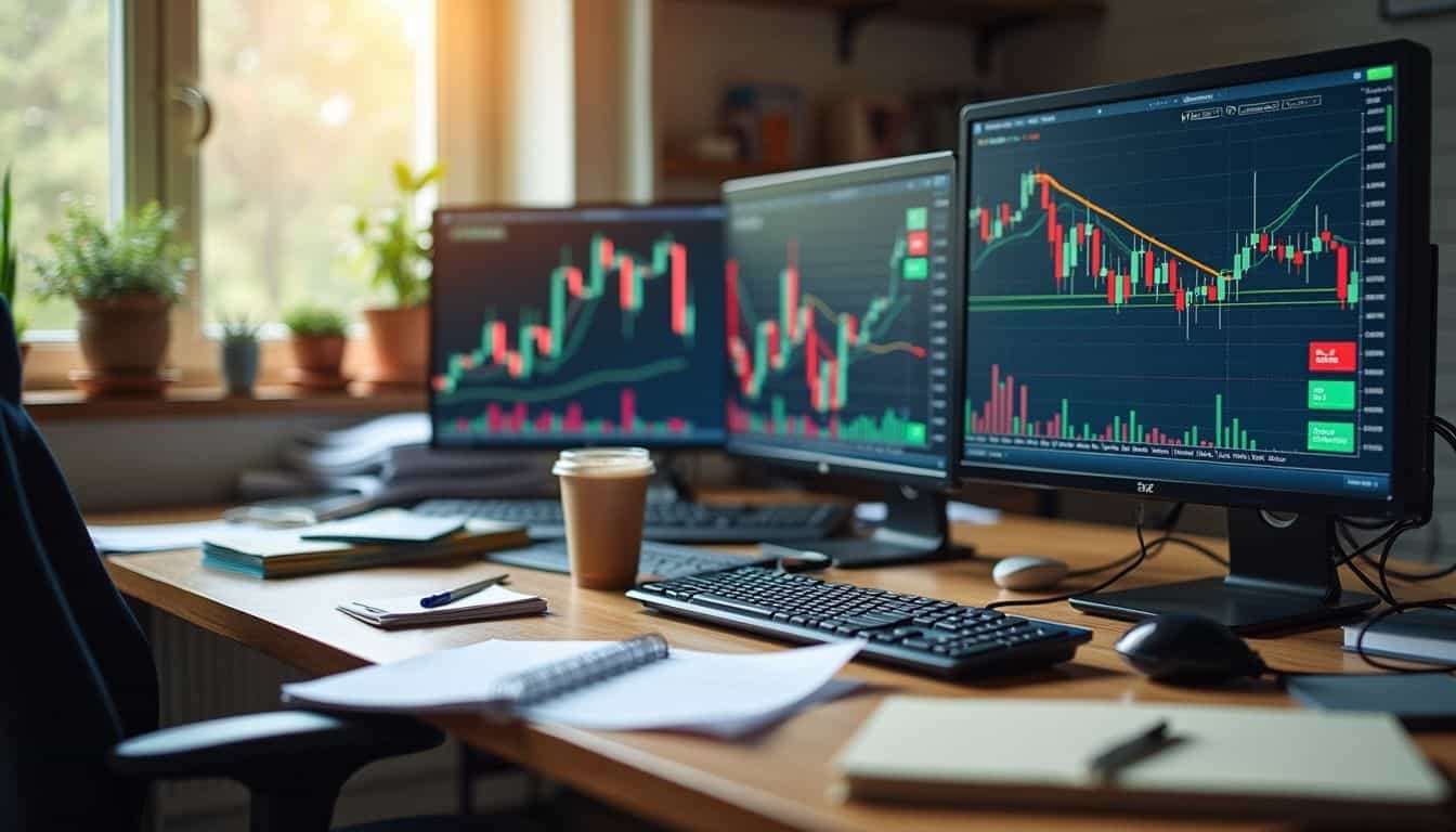 A cluttered desk with multiple forex charts, notepads, and a coffee cup.