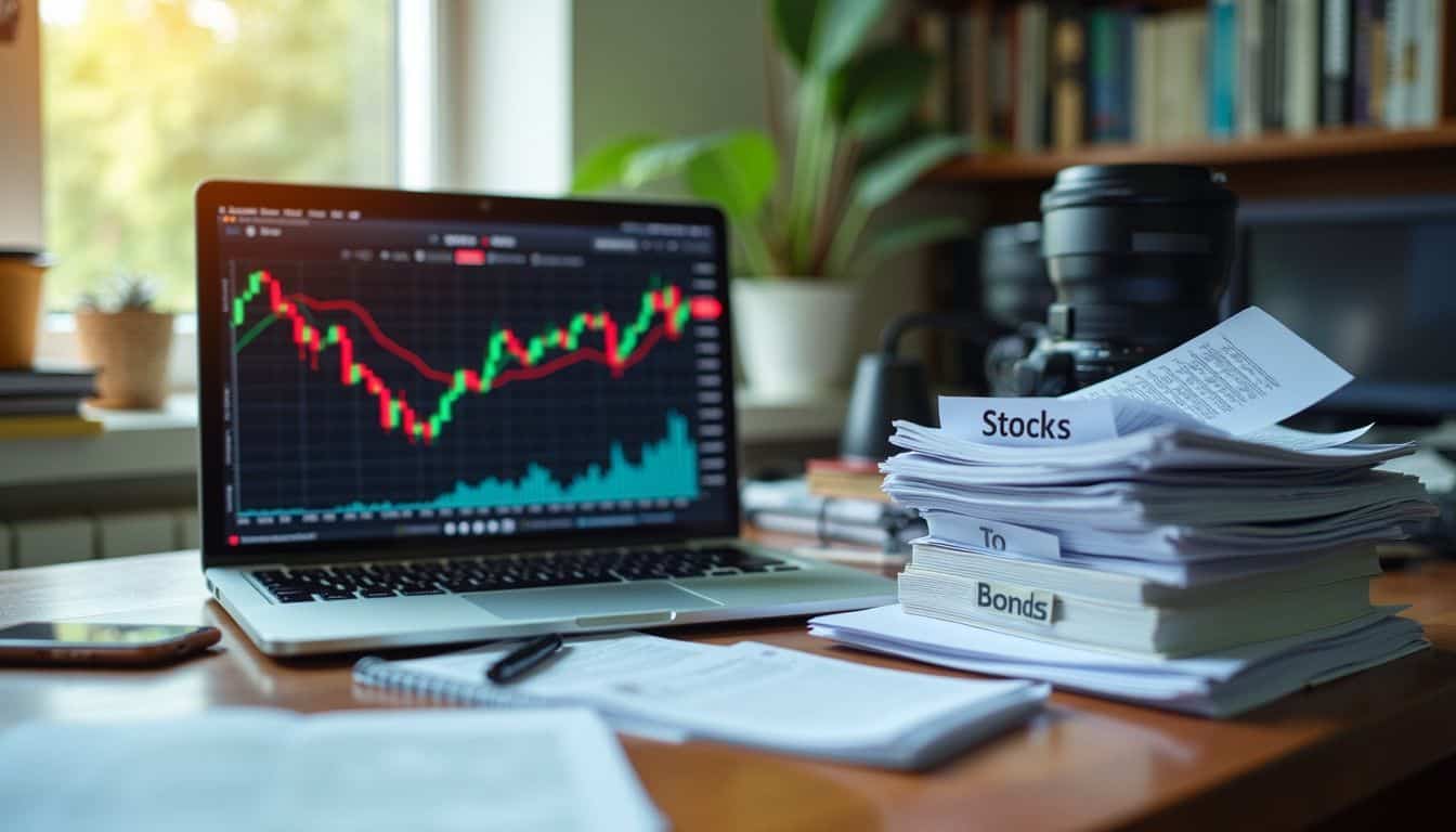 A cluttered desk with a laptop displaying Forex charts and labeled stock and bond papers.