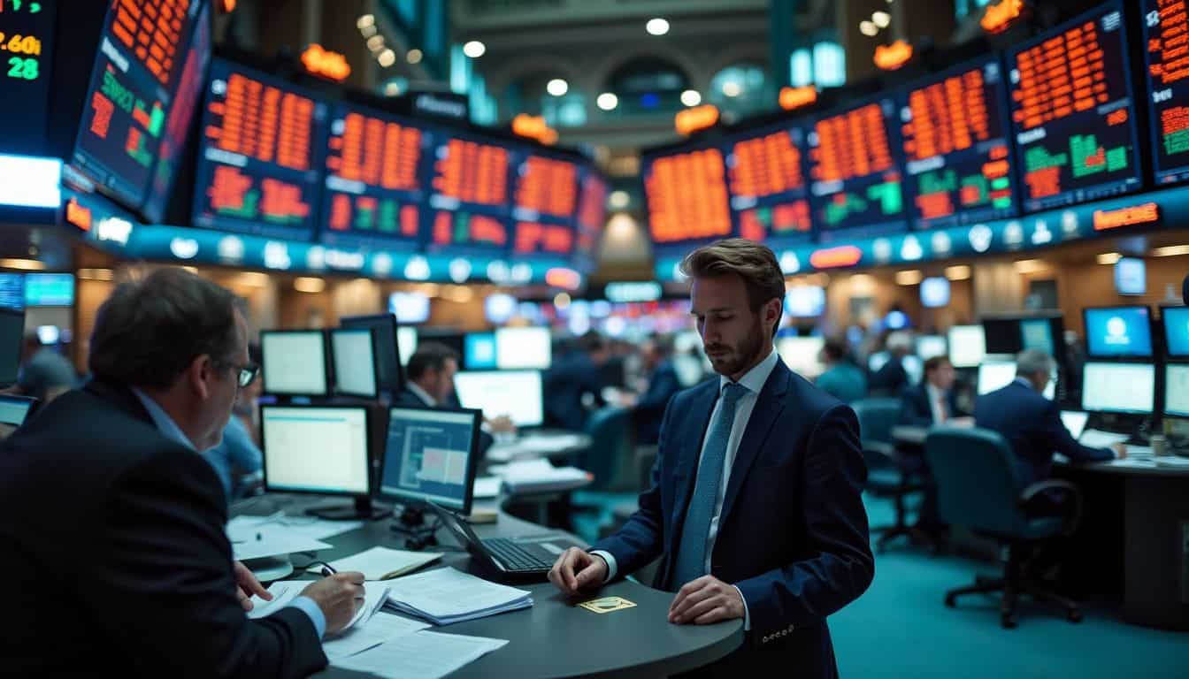 A bustling stock market trading floor with traders and flashing screens.