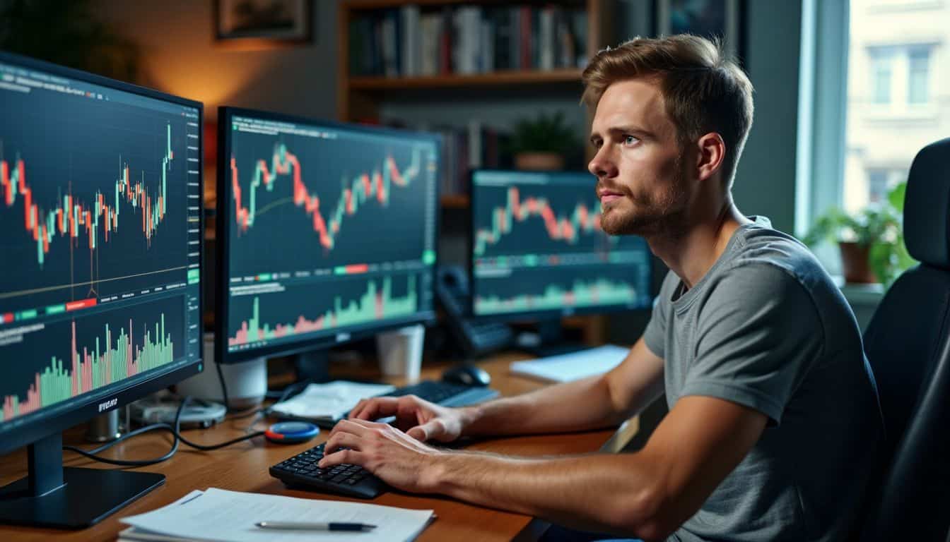 A man in his mid-30s is intensely focused on Forex trading at a cluttered desk.