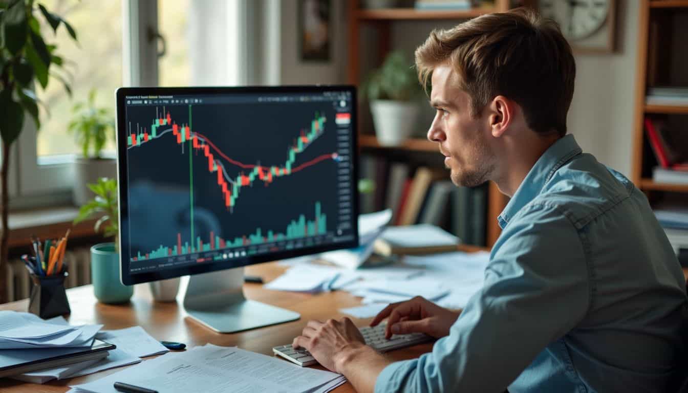 A man in his 30s is focused on forex trading charts at his cluttered desk.