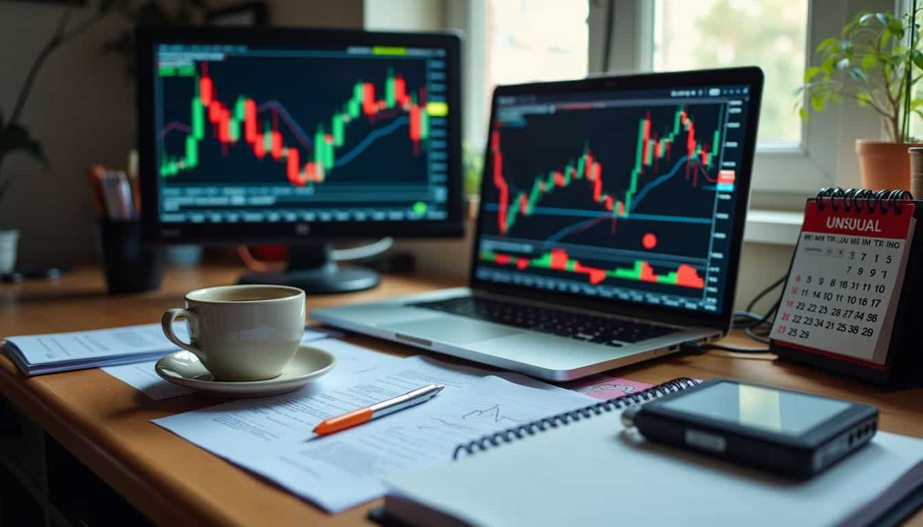 A cluttered home office desk with forex trading charts and financial data.